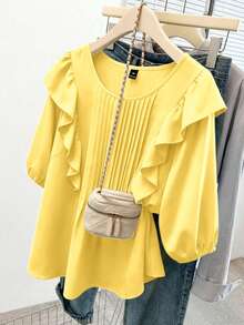 GlowEve CURVE Camisa de talla grande casual versátil de unicolor con ribete de volantes - amarillo ganso - Ver 1