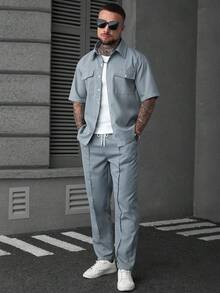 SLATEMANN Men's Plus Size Solid Color Short Sleeve Single-Breasted Shirt And Pants Casual Set - Dusty Blue - View 4