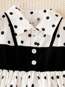 SHEIN Playful Pals 女嬰領口泡泡長袖 2合1 A字洋裝，經典 A字剪裁適合各種體型的嬰兒，獨特領口設計增添正式感，巧思泡泡袖打造甜美俏皮風格，豐富 2合1 設計，適合女嬰日常休閒舒適穿著、戶外玩耍及度假休閒穿搭 - 黑與白 - 查看 4