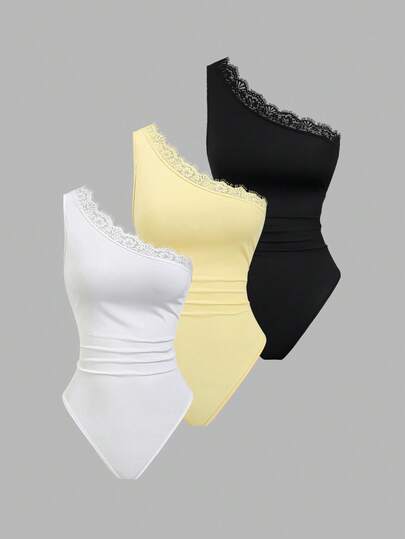 Sweetra Novo Conjunto 3 Peças Moda Europeia e Americana Primavera/Verão Sexy Ombro a Ombro Renda Ajustado Modelador, Bodysuit Cor Sólida Versátil para Mulheres, Adequado para Uso Diário, Casual e Encontros