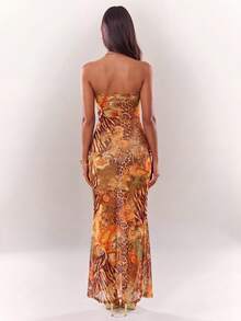 Radiana Women's Halter Neck Shell Chain Hollow Snake Skin Leopard Print Extra Long Dress - Multicolor - View 4