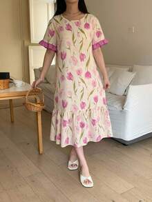 SHEIN Casual Vacation Tulip Floral Print Short Sleeve Ruffle Hem Long Dress For Tween Girl - Multicolor - View 4