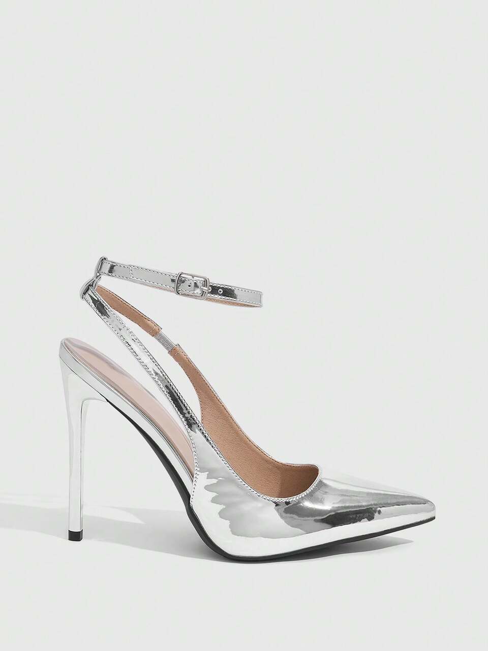 CUCCOO SZL Women Shoes Women's Silver Glossy Pointed Stiletto Sexy Dinner Party Women's High Heel Shoes Back Ankle Strap Slingback Shoes Women's Shoes Fall Shoes