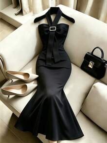 Selianne Black Halter Mermaid Dress Dinner Summer Elegant Sexy Wedding - Black - View 3