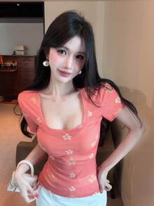DAZY 夏季花卉印花粉色修身優雅短袖女款T恤，適合婚禮宴會，圖案印花Y2K風格 - 西瓜粉 - 查看 5