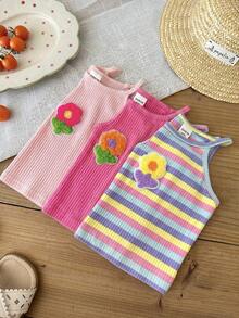 SHEIN LMoss Kids Baby Girl 3pcs Set Knit Solid Color 3D Flower Patchwork Striped Pullover - Watermelon Pink - View 7