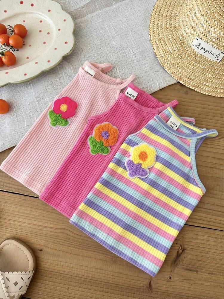 SHEIN LMoss Kids Conjunto de 3 piezas para niña bebé, suéter de punto de unicolor con parche de flor 3D y rayas - Rosado Sandía - Añade 7
