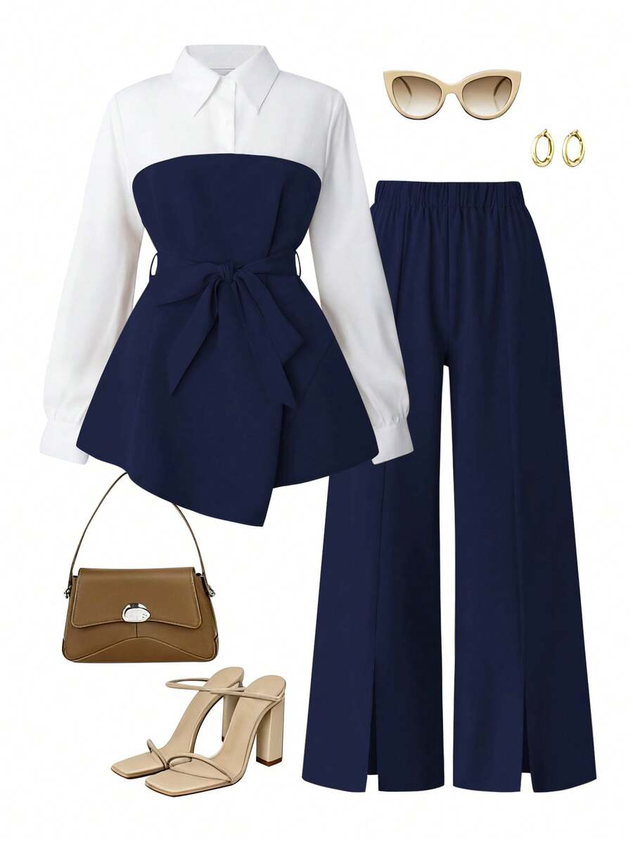 SHEIN LUNE CURVE Plus Size Women 2pcs Set Minimalist Elegant Autumn Shirt And Straight Leg Slit Pants - Navy Blue - View 1