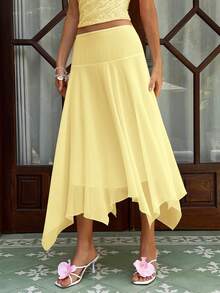 MainGRL Women's Solid Color Casual Versatile Date/Travel A-Line Skirt - Pale Yellow - View 3