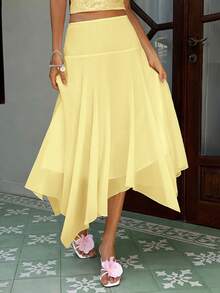 MainGRL Women's Solid Color Casual Versatile Date/Travel A-Line Skirt - Pale Yellow - View 6