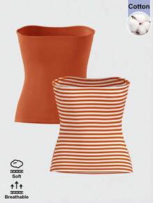 SHEIN BASICS 女款休閒條紋素色抹胸上衣 - 鏽棕色 - 查看 9