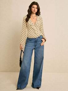 Poéselle Women's Polka Dot Pattern Patchwork Ruffle Long Sleeve Blouse - Light Yellow - View 3