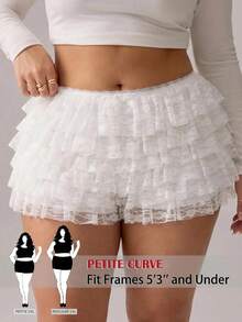 SHEIN PETITE CURVE 大码女式撞色蕾丝荷叶边短裤 - 白色 - 查看 5