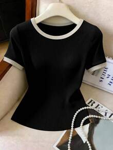Elenzga Women's Summer Daily Commute Contrast Trim Round Neck Ribbed Short Sleeve T-Shirt - Black - View 6