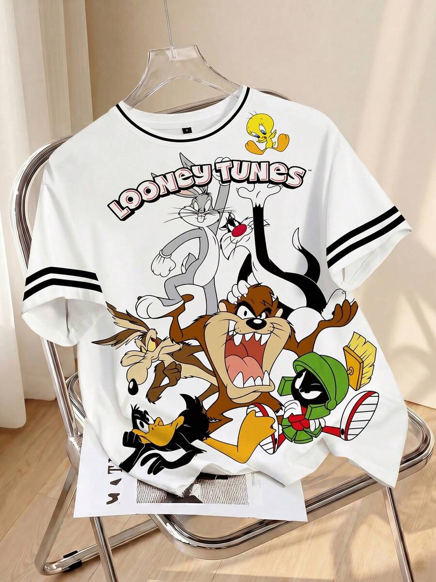 LOONEY TUNES X SHEIN 女士休闲字母动物印花短袖T恤,夏季 - 白色 - 查看 1