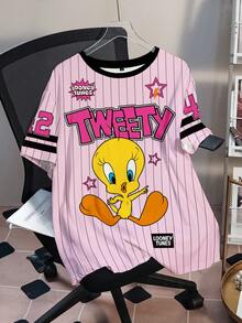 LOONEY TUNES X SHEIN 大码夏季休闲条纹字母和卡通图案短袖T恤 - 白色 - 查看 3