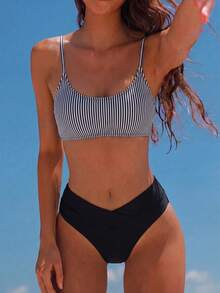 Swim Mod Summer Beach Vertical Striped Bikini Set Wireless Top & Hipster Bikini Bottom 2 Pieces Bathing Suit, Vacation Bikini - Black and White - View 1