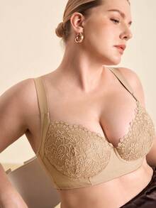 Hourtrue 1 buah Bra Lingerie Ukuran Plus dengan Renda Kontras, Nyaman, Tanpa Jahitan, Berkawat, Berbantalan, dan Bantalan yang Dapat Diatur, Mengangkat - Khaki - View 9