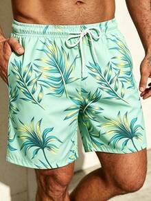 Manfinity Swimmode 男士大尺碼熱帶植物印花抽繩腰海灘短褲 - 薄荷綠 - 查看 6