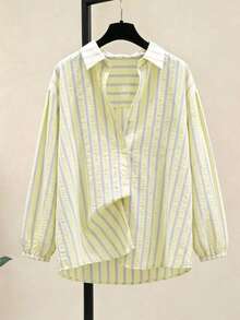 SHEIN Tween Girl Striped Long Sleeve Single-Breasted Casual Loose Shirt - Yellow - View 8