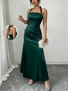 SHEIN Raffinéa 優雅香檳色修身細肩帶彈性緞面下擺側開衩長洋裝 - 墨綠色 - 查看 1