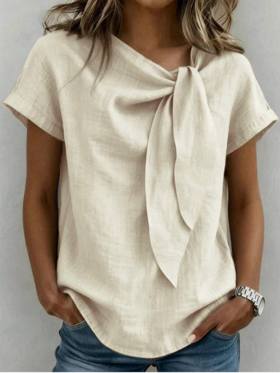 SHEIN Holidaya Women's Bamboo Knot Round Neck Tie Front Blouse, Vacation