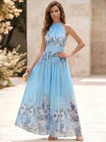 SHEIN LUNE 女士雪纺印花露背中长连衣裙，优雅度假风春夏装 - 彩色 - 查看 5