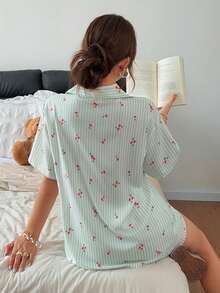 Napfluff Striped Cherry Print Short Sleeve Cardigan & Shorts Loose Fit Women's Pajama Set - Green - View 2