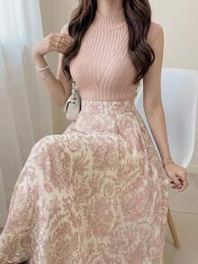 DAZY 夏季女款優雅素色立領上衣與花卉A字裙兩件套 - 粉色 - 查看 3