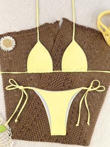 Oceva Women's Summer Beach Solid Color Halter Neck Tie Sexy Fashion Bikini Two-Piece Swimsuit Set - Pale Yellow - View 3