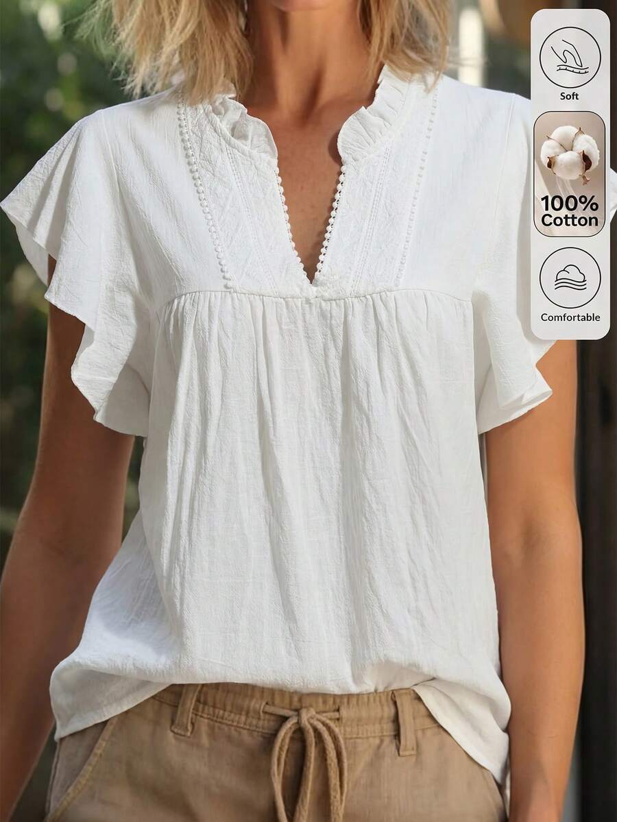 Louniche Women's Fashion Casual Vacation Solid Color Hollow Lace V-Neck Ruffle Sleeve Blouse Spring/Summer Cotton-Feel Shirt - White - View 1