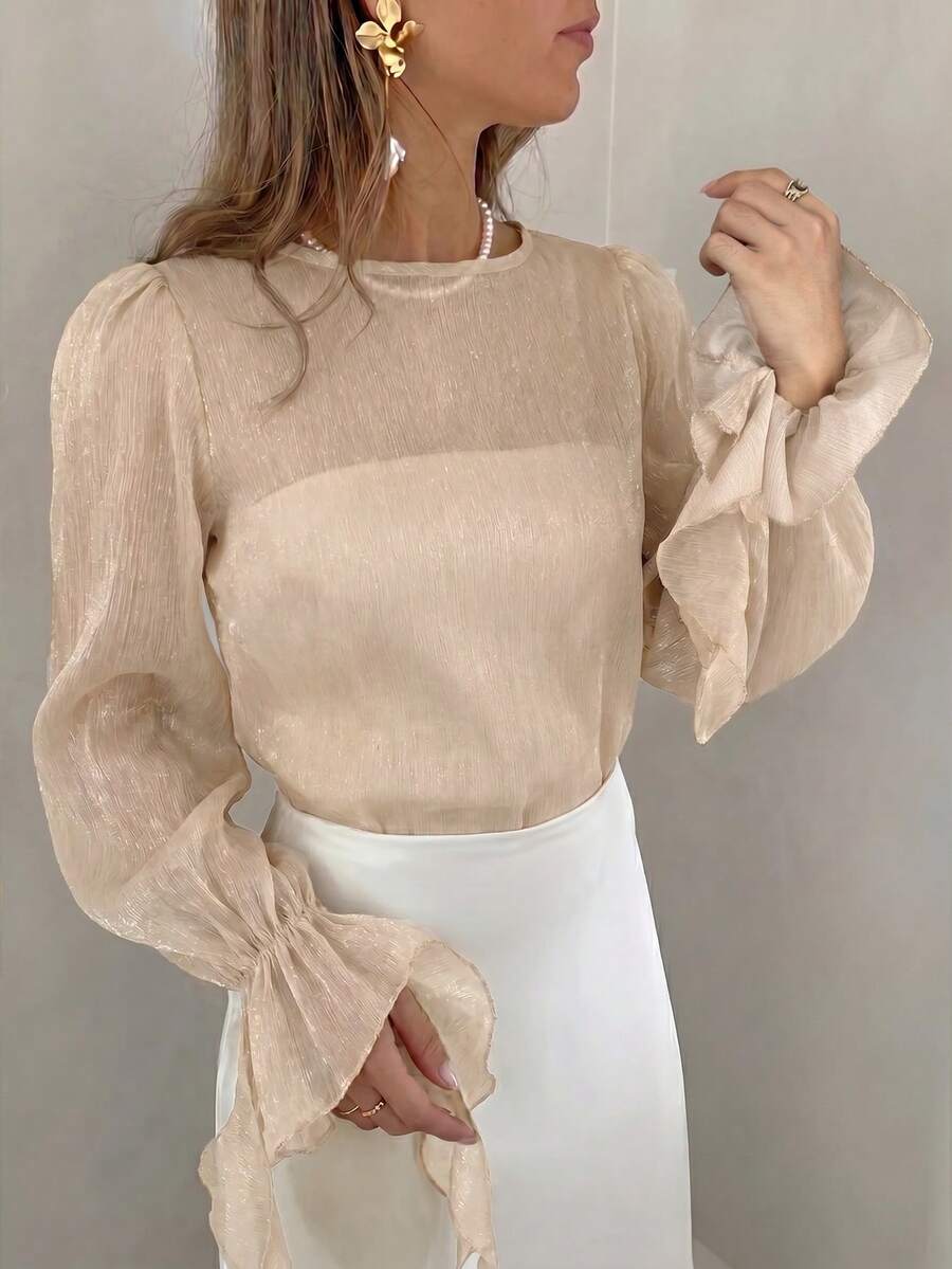 Firerie Women  Flounced Long Sleeve Sheer Blouse - Apricot - View 1