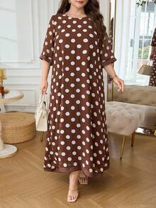 Al Najma Plus Size Women's Chiffon Flowy Round Neck 3/4 Sleeve Polka Dot Comfortable Elegant Romantic Arabian Dress - Coffee Brown - View 4
