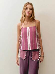 Nöista Cami Top With Vertical Stripes And Adjustable Side-Tie Ruching For A Customizable. Perfect Summer Look, Holiday, Boho, Music Festival - Rusty Rose - View 7