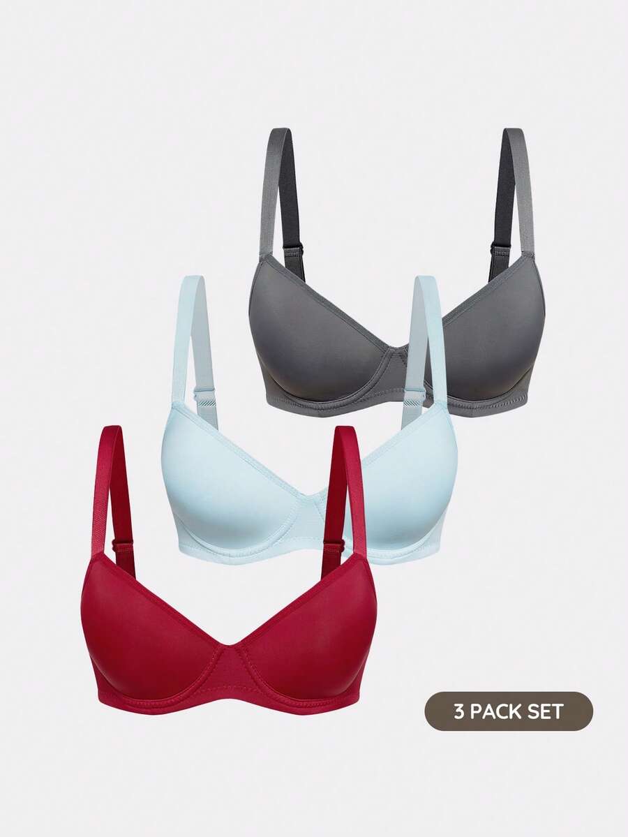 SHAPORA 3pcs Spaghetti Strap Solid Color Bras & Wireless Bras (Red + Dark Grey + Blue) - Multicolor - View 1