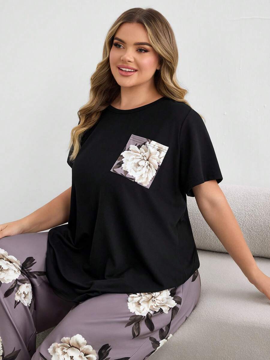 SHEIN CURVE+ Große Größen bedrucktes Kurzarm-Langhose-Pyjama-Set, Outfits - Verschiedenfarbig - Übersicht 1
