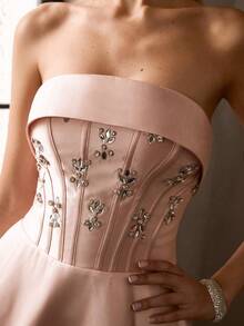 MOTF PREMIUM ELEGANT STRAPLESS ANKLE-LENGTH A-LINE SATIN PARTY DRESS WITH FLORAL RHINESTONE, CINCHED WAIST, CRISSCROSS BACK STRAPS – ELEGANT LUXURIOUS STYLE - Pink - View 6