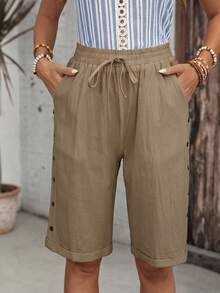 EMERY ROSE Women's Drawstring Waist Pocket Casual Versatile Everyday Outing Shorts - Brown - View 10