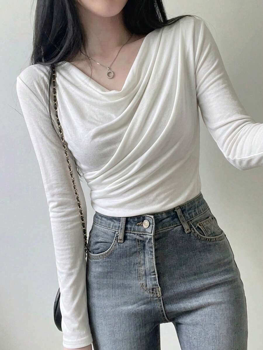 DAZY 春夏款垂領白色上衣 婚禮休閒優雅長袖內搭女款T恤 - 白色 - 查看 1