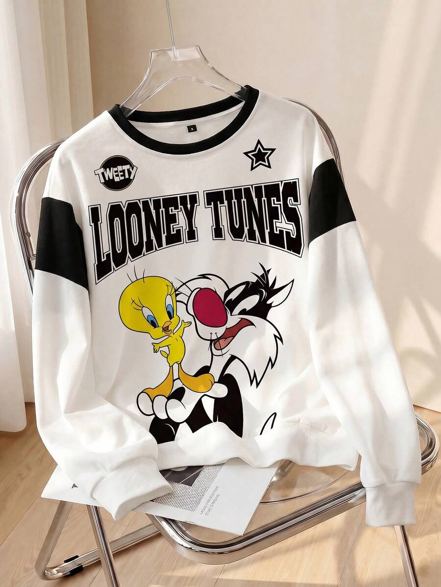 LOONEY TUNES X SHEIN 女士全印花休闲卡通英文字母图案圆领长袖运动衫,秋冬舒适穿着 - 白色 - 查看 1