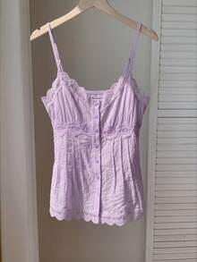 Comfortcana Áo blouse nữ dây mảnh cài nút viền ren xếp ly - Màu tím hoa cà - Xem 7