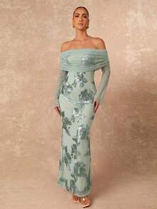 Lumalex Elegante vestido largo de malla floral verde salvia, vestido maxi con escote Bardot sin hombros y apliques 3D, vestido de invitada de boda de verano con un solo hombro para mujeres, de lujo - verde menta - Ver 7