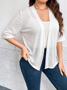 Comfylo Plus Size Women's French Style Casual Versatile Textured Sheer Knit Cardigan Office White Summer - White - View 3