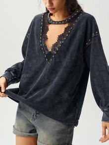 Bohemela Women's Fall Casual Black Washed Knit Long Sleeve Sweatshirt/Halloween/Back To School/Going Out/Y2K/Holiday - Black - View 8