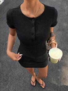 Muchica Women's French Fashion Lace Patchwork Single-Breasted Short Sleeve Ribbed Top - Black - View 8
