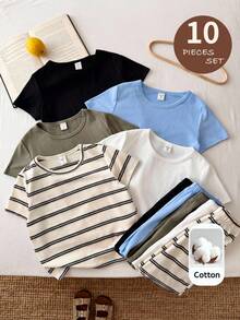LMoss Kids Set de 10 piezas de sudadera holgada de rayas y pantalones cortos casuales para niño - Multicolor - Ver 1