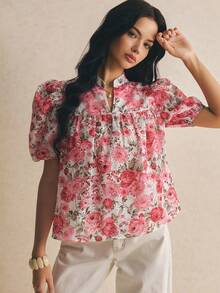 Poéselle Women's Elegant Floral All-Over Print Petal Sleeve Blouse For Summer - Red - View 3