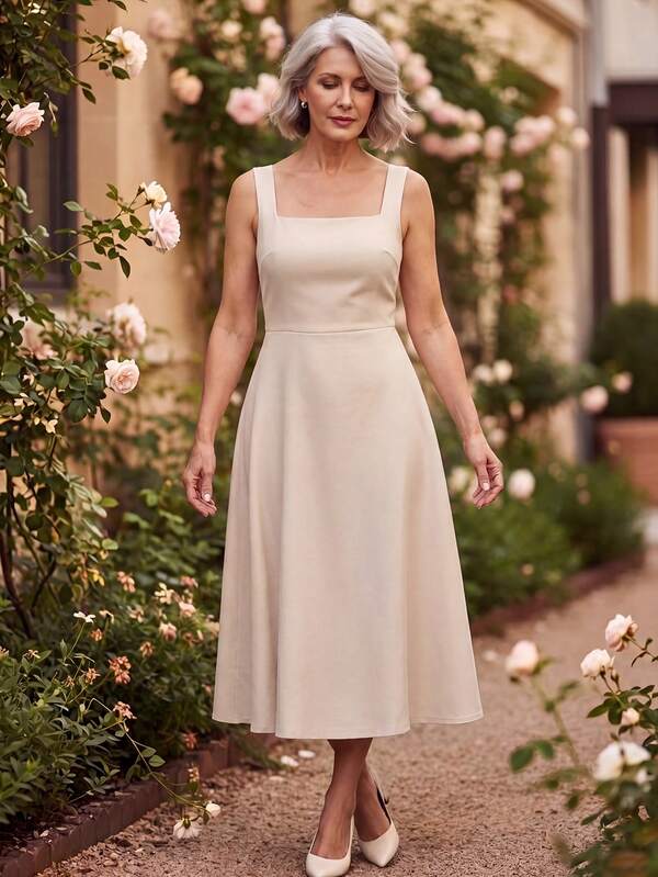 SHEIN Beiges elegantes Trägerkleid mit quadratischem Ausschnitt für Frauen mittleren und höheren Alters