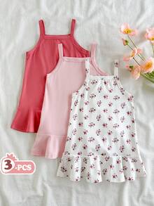 SHEIN Baby Girls Spring And Summer Comfortable, Simple, Fresh Multi-Color Halter Top Dress Set. Sweet, Lively And Adorable Country Style. Made Of Knitted Fabric, With Moderate Thickness. A-Line Shape, Ruffled Skirt And Floral Patterns. Suitable For Various Occasions Such As Daily Outings, Vacation Trips, And Relaxation. - Multicolor - View 5