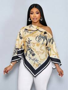 SOLERSUN Plus Size Women's Spring And Summer Fashionable, Elegant, Casual And Sexy Vacation Shirt With Half Sleeves, Raglan Sleeves, Slanted Shoulder, Off Shoulder, Asymmetrical Shoulder Hem, Asymmetric Square Scarf Hem, Woven Pink, Orange, Yellow Chain, Retro Vintage Money Positioning Print, Suitable For Daily Dressing, Shopping, Dating, Music Festivals, Island Vacation, Old Money Vacation, Holiday, Resort - Black - View 6